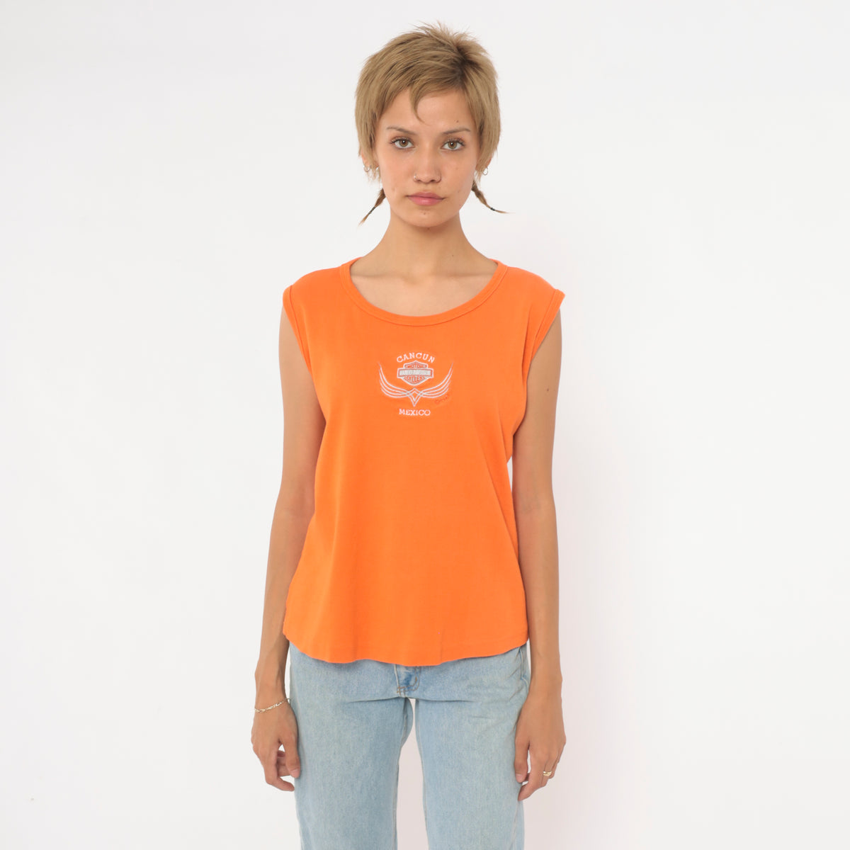 Y2K Harley Davidson Tank Top Orange Cancun Mexico Embroidered Logo Large L