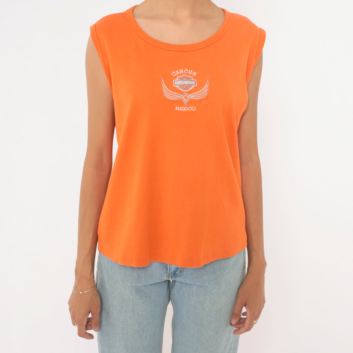 Y2K Harley Davidson Tank Top Orange Cancun Mexico Embroidered Logo Large L