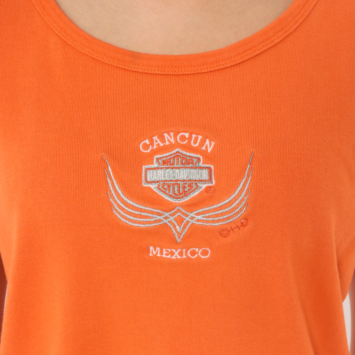 Y2K Harley Davidson Tank Top Orange Cancun Mexico Embroidered Logo Large L