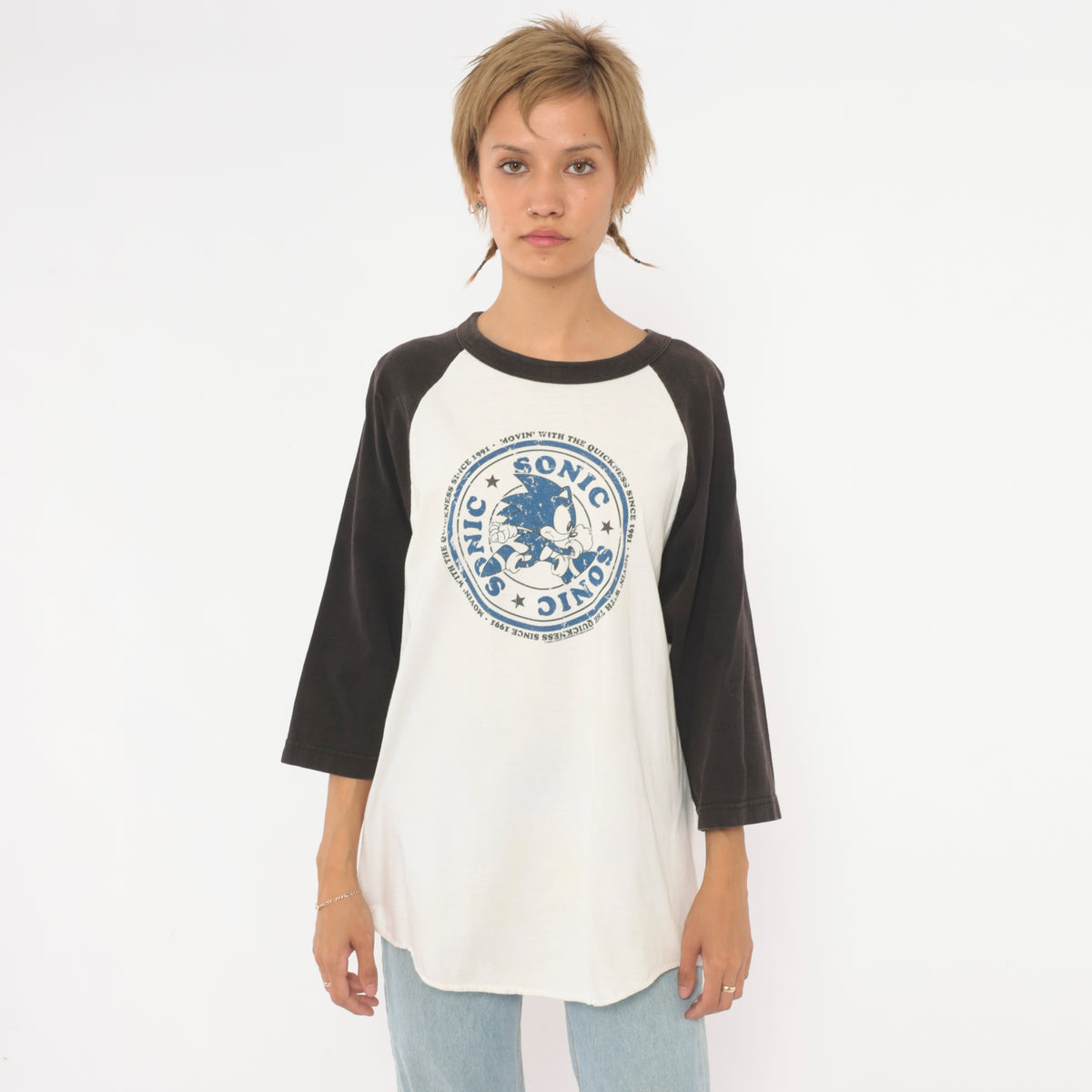 Y2K Sonic The Hedgehog Raglan Tee Black White Cotton Graphic Baseball Shirt Medium