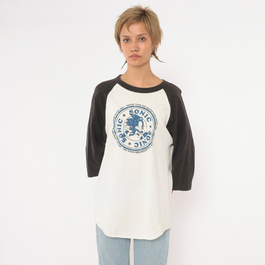 Y2K Sonic The Hedgehog Raglan Tee Black White Cotton Graphic Baseball Shirt Medium