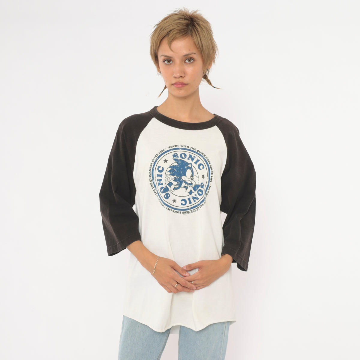 Y2K Sonic The Hedgehog Raglan Tee Black White Cotton Graphic Baseball Shirt Medium