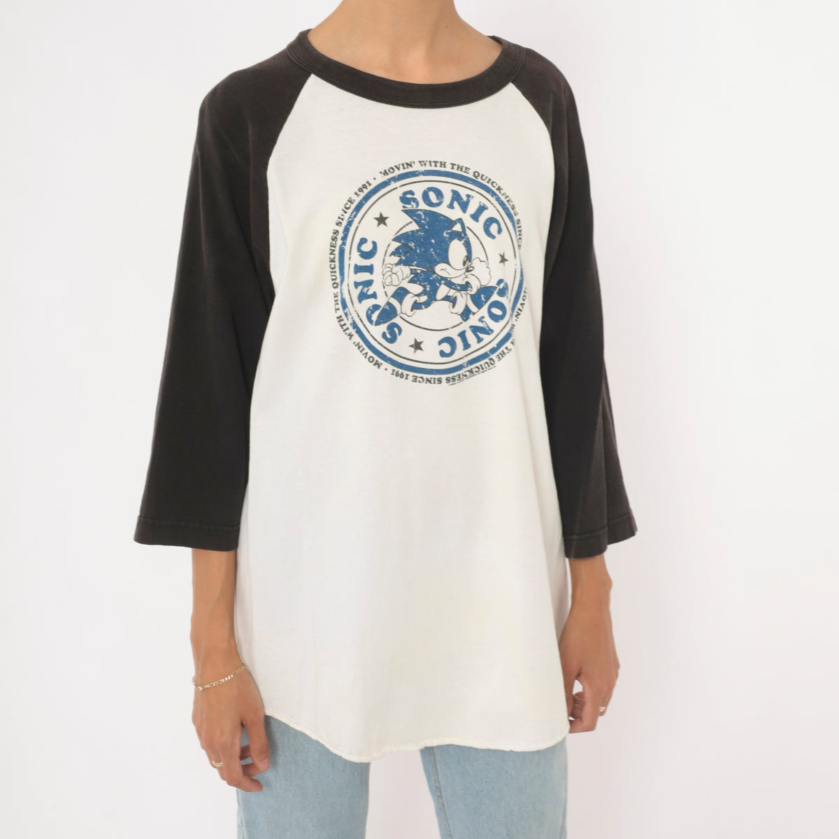 Y2K Sonic The Hedgehog Raglan Tee Black White Cotton Graphic Baseball Shirt Medium