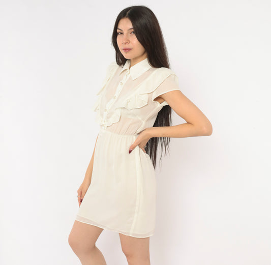 Sheer Ruffle Bib Dress Cream Chiffon Pearl Button Front Collar Cap Sleeve Elastic Waist Mini Ivory Coquette Fairycore 2000s Y2K Feminine Off White Vintage Small S