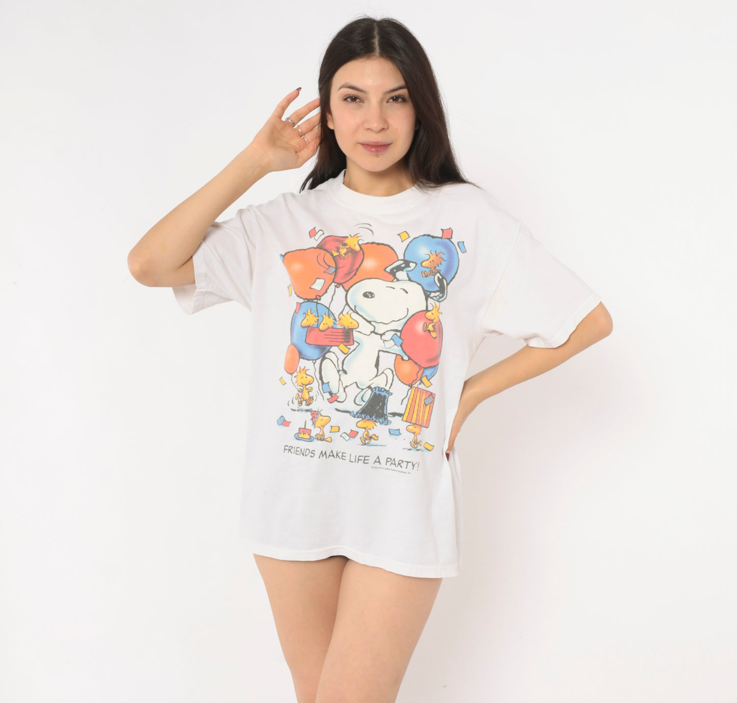 Snoopy Peanuts Party Tee 90s Graphic Print White Cotton Shirt Woodstock Cartoon Friends Make Life A Crew Neck Boxy Fit Vintage Band Style Unisex Top Medium M