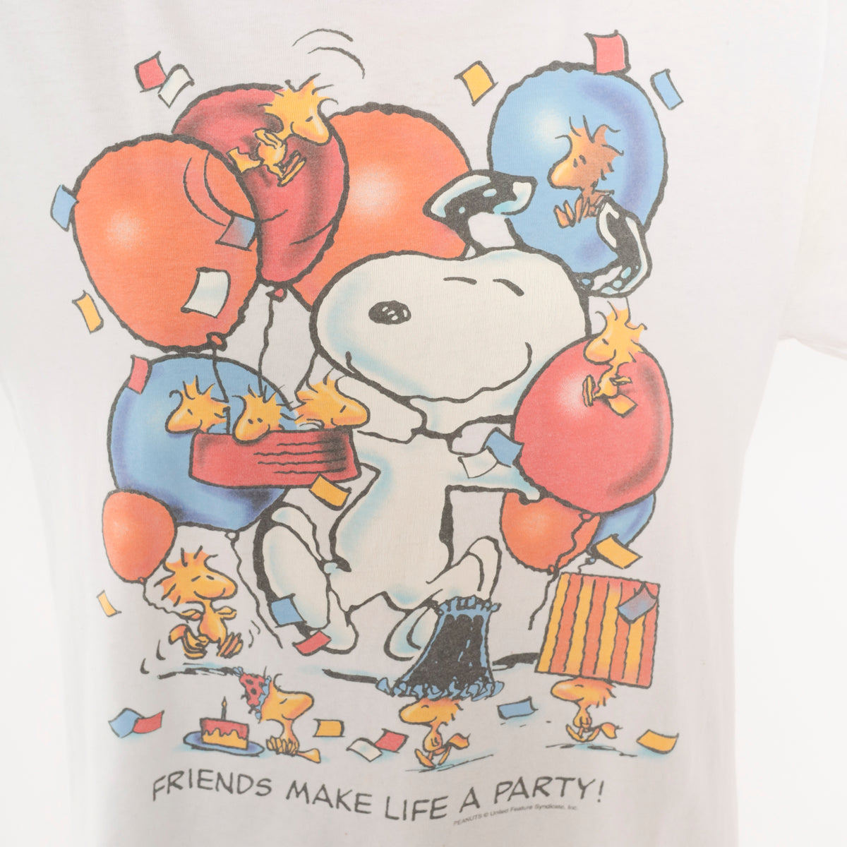 Snoopy Peanuts Party Tee 90s Graphic Print White Cotton Shirt Woodstock Cartoon Friends Make Life A Crew Neck Boxy Fit Vintage Band Style Unisex Top Medium M