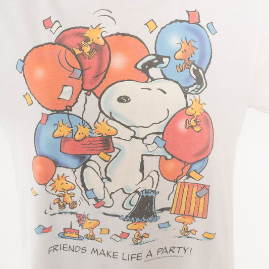 Snoopy Peanuts Party Tee 90s Graphic Print White Cotton Shirt Woodstock Cartoon Friends Make Life A Crew Neck Boxy Fit Vintage Band Style Unisex Top Medium M