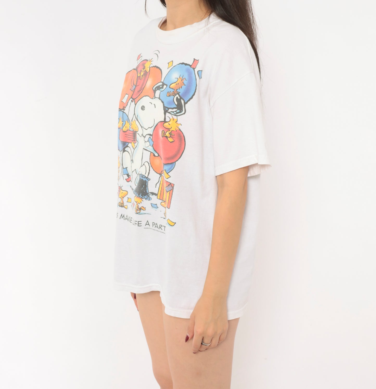 Snoopy Peanuts Party Tee 90s Graphic Print White Cotton Shirt Woodstock Cartoon Friends Make Life A Crew Neck Boxy Fit Vintage Band Style Unisex Top Medium M