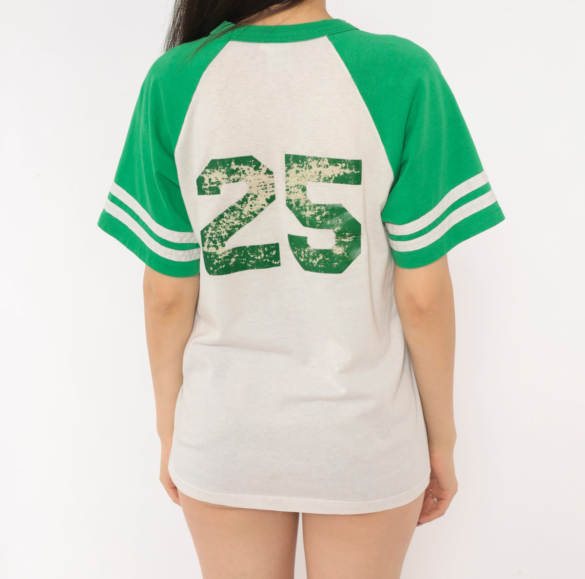TV Nerd Fest 2K5 Raglan Jersey Tee Green White V Neck Striped Sleeve Baseball Shirt Varsity Athletic Cotton Graphic Print Collegiate Preppy Sporty Vintage Top Medium M