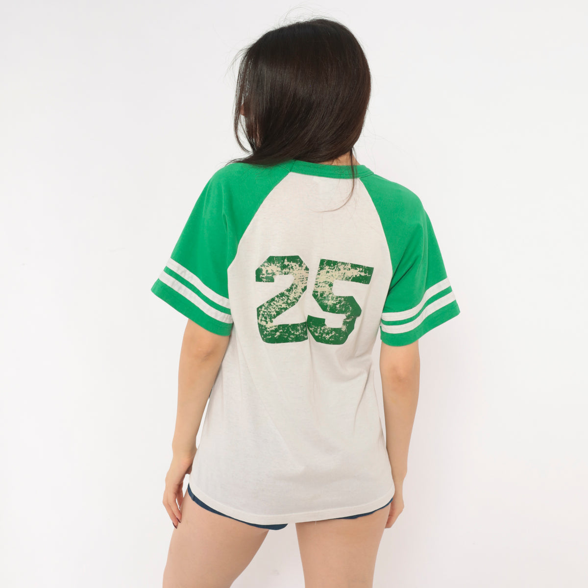 TV Nerd Fest 2K5 Raglan Jersey Tee Green White V Neck Striped Sleeve Baseball Shirt Varsity Athletic Cotton Graphic Print Collegiate Preppy Sporty Vintage Top Medium M