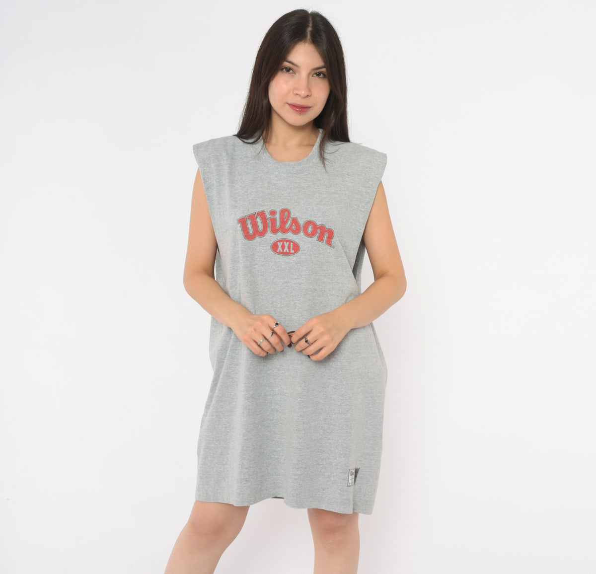 90s Wilson Muscle Tee Grey Heather Cotton Sleeveless Tank Top Red Logo Graphic Crew Neck Cut Off Boxy Long Tunic Athletic Sporty Unisex Vintage Extra Large XL