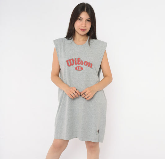 90s Wilson Muscle Tee Grey Heather Cotton Sleeveless Tank Top Red Logo Graphic Crew Neck Cut Off Boxy Long Tunic Athletic Sporty Unisex Vintage Extra Large XL