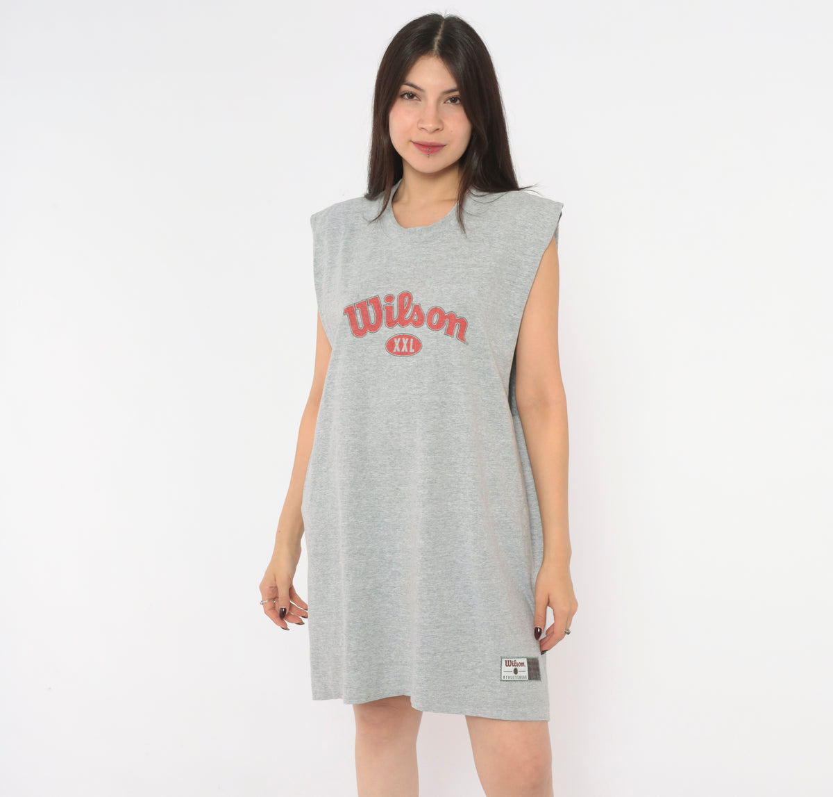 90s Wilson Muscle Tee Grey Heather Cotton Sleeveless Tank Top Red Logo Graphic Crew Neck Cut Off Boxy Long Tunic Athletic Sporty Unisex Vintage Extra Large XL