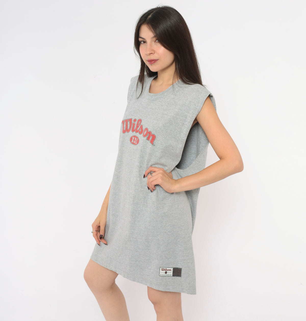 90s Wilson Muscle Tee Grey Heather Cotton Sleeveless Tank Top Red Logo Graphic Crew Neck Cut Off Boxy Long Tunic Athletic Sporty Unisex Vintage Extra Large XL