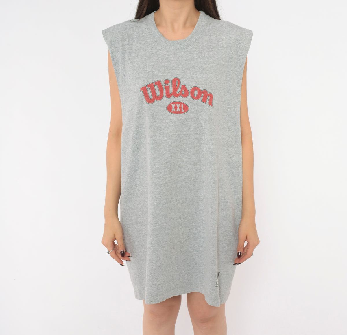 90s Wilson Muscle Tee Grey Heather Cotton Sleeveless Tank Top Red Logo Graphic Crew Neck Cut Off Boxy Long Tunic Athletic Sporty Unisex Vintage Extra Large XL