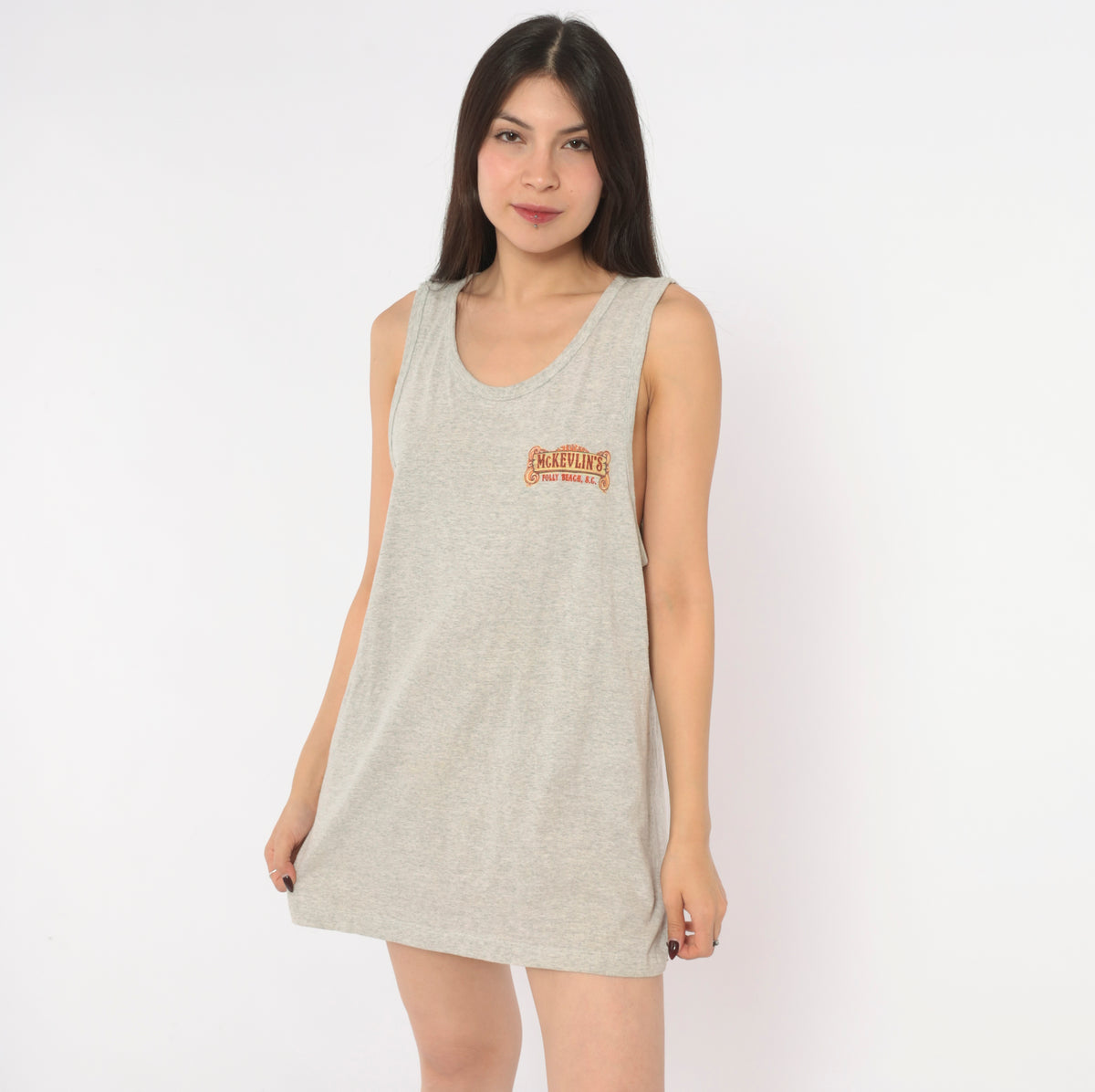 90s Surf Tank Top Heather Grey Folly Beach South Carolina Graphic Cotton Sleeveless Muscle Tee Orange Sunset Wave Palm Tree Print Scoop Neck Surfer Souvenir Medium M