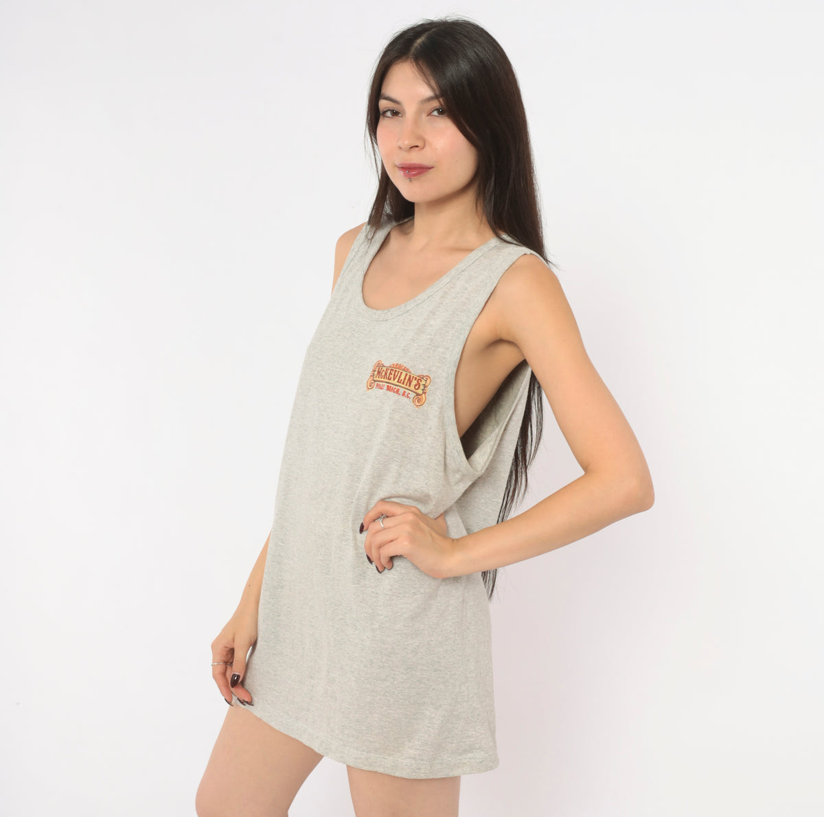 90s Surf Tank Top Heather Grey Folly Beach South Carolina Graphic Cotton Sleeveless Muscle Tee Orange Sunset Wave Palm Tree Print Scoop Neck Surfer Souvenir Medium M