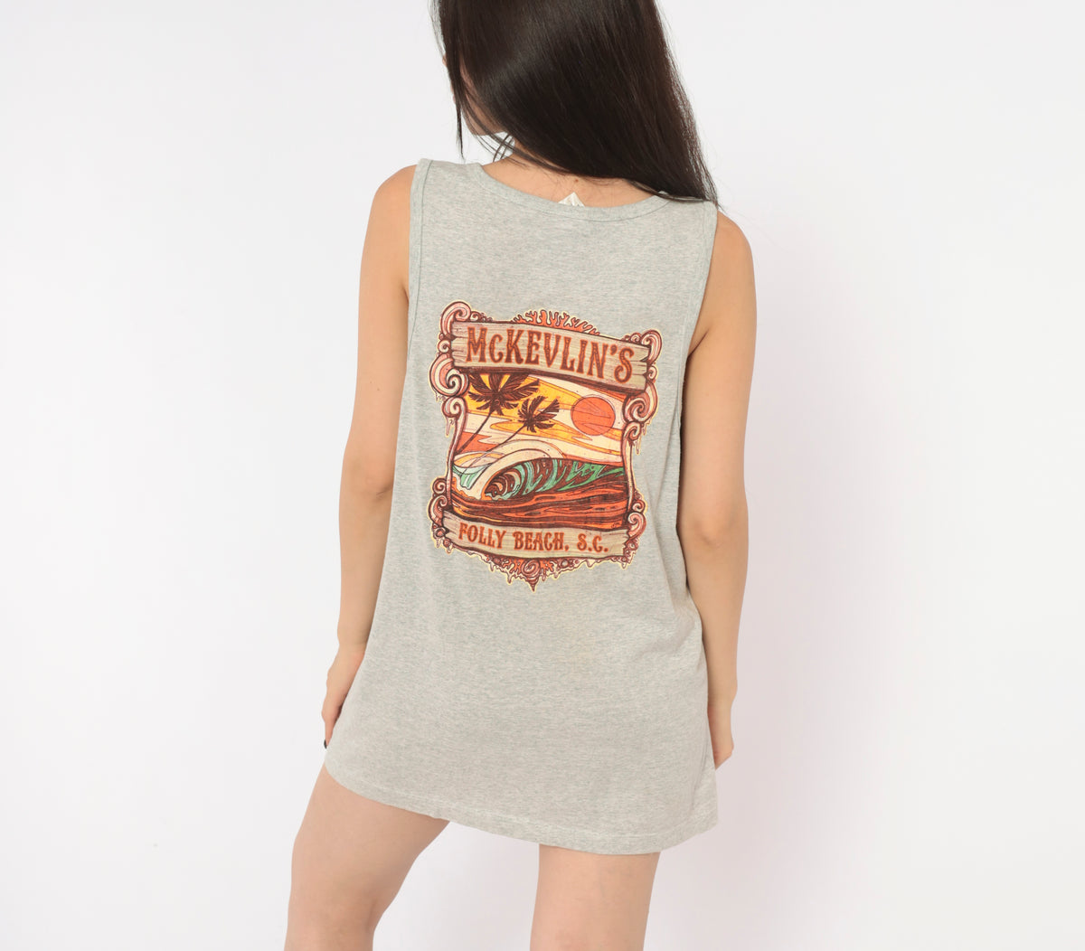 90s Surf Tank Top Heather Grey Folly Beach South Carolina Graphic Cotton Sleeveless Muscle Tee Orange Sunset Wave Palm Tree Print Scoop Neck Surfer Souvenir Medium M