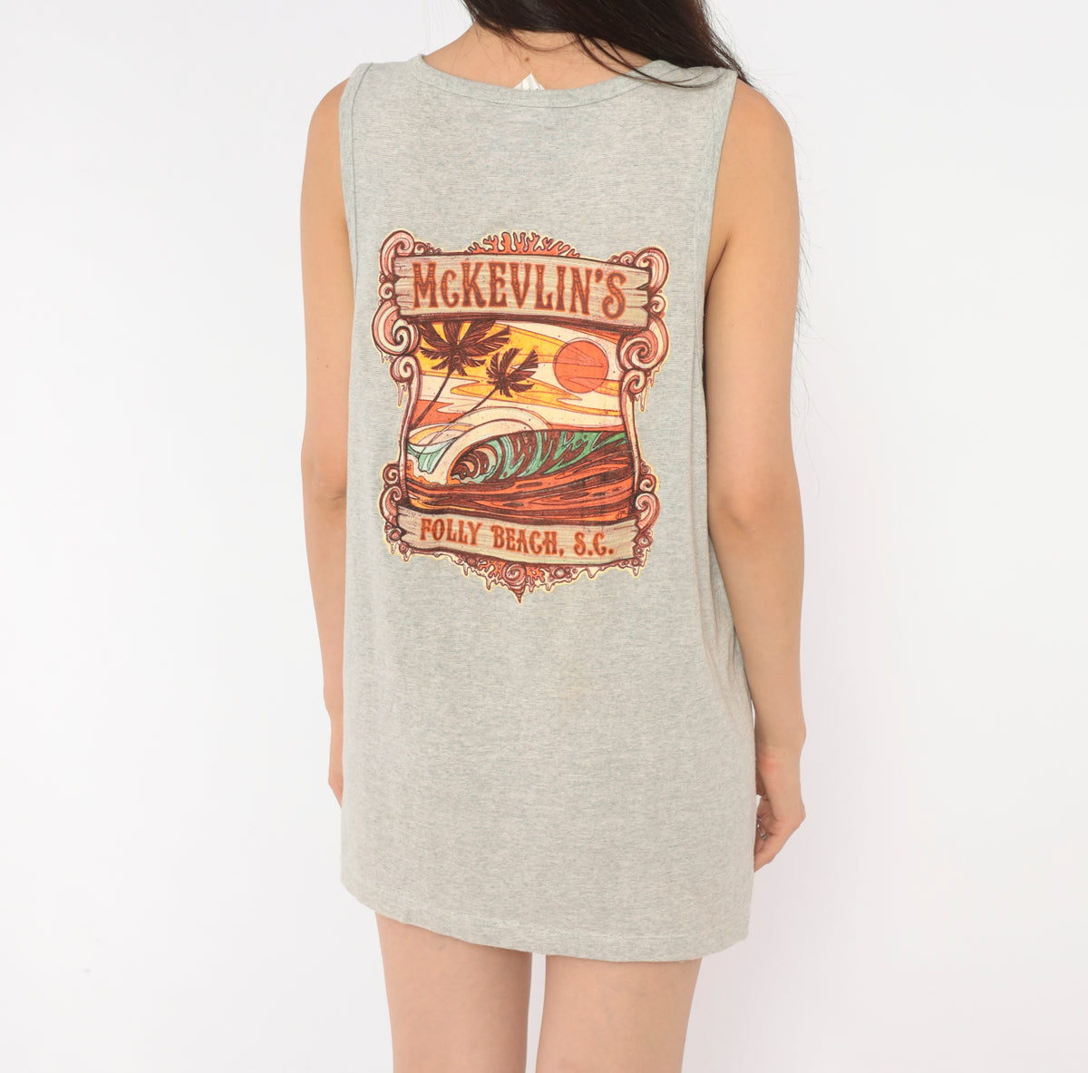 90s Surf Tank Top Heather Grey Folly Beach South Carolina Graphic Cotton Sleeveless Muscle Tee Orange Sunset Wave Palm Tree Print Scoop Neck Surfer Souvenir Medium M