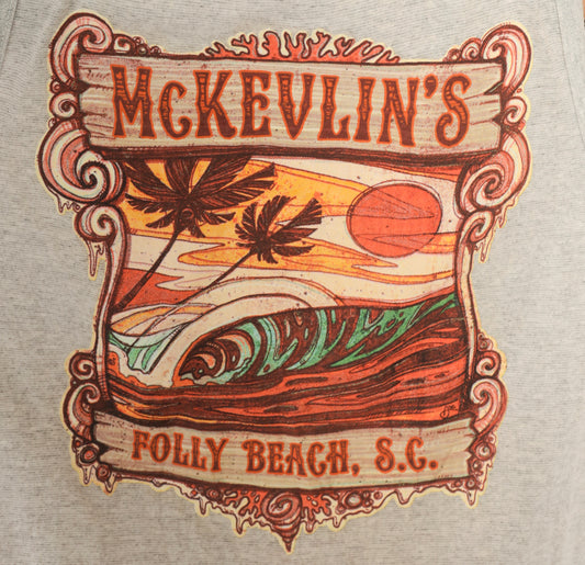 90s Surf Tank Top Heather Grey Folly Beach South Carolina Graphic Cotton Sleeveless Muscle Tee Orange Sunset Wave Palm Tree Print Scoop Neck Surfer Souvenir Medium M