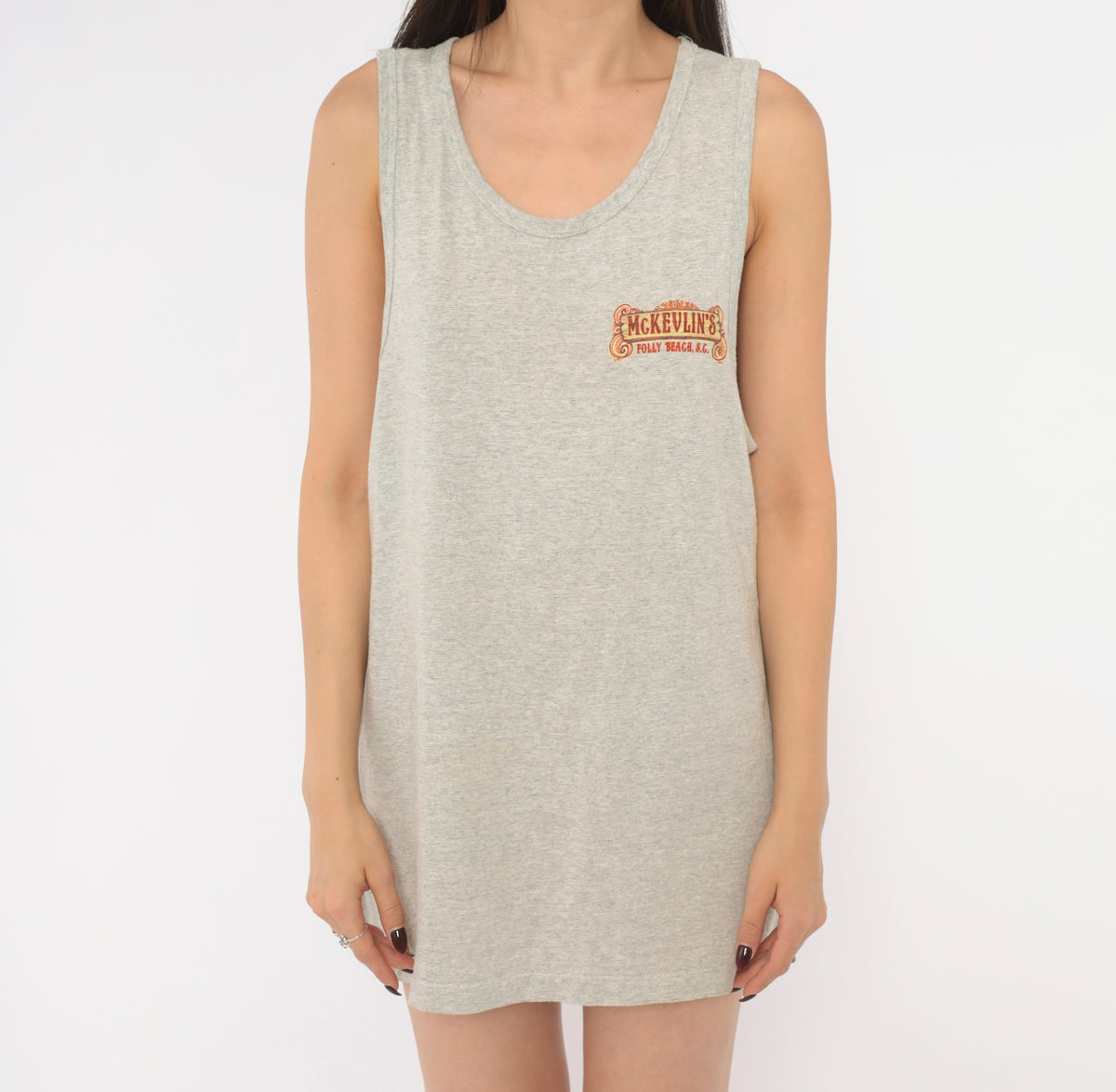 90s Surf Tank Top Heather Grey Folly Beach South Carolina Graphic Cotton Sleeveless Muscle Tee Orange Sunset Wave Palm Tree Print Scoop Neck Surfer Souvenir Medium M