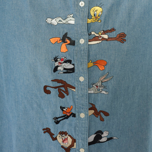 Looney Tunes Shirt Y2K Warner Bros Chambray Blue Denim Embroidered Cartoon Character Cotton Vintage Tweety Bugs Bunny Sylvester Taz Medium M