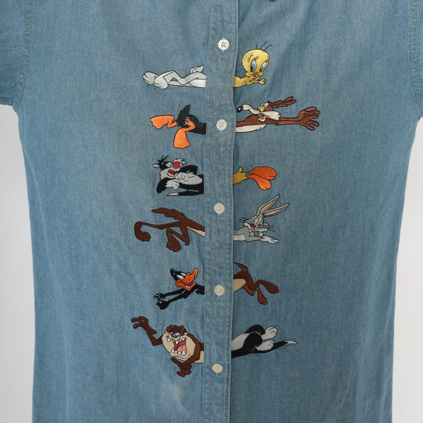 Looney Tunes Shirt Y2K Warner Bros Chambray Blue Denim Embroidered Cartoon Character Cotton Vintage Tweety Bugs Bunny Sylvester Taz Medium M