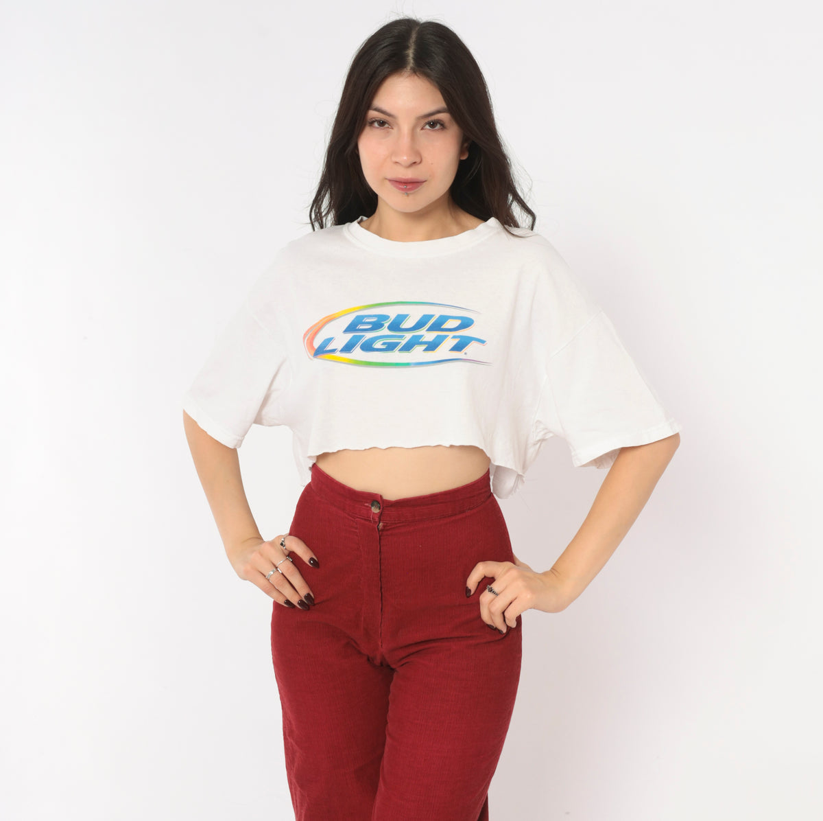 Y2K Bud Light Crop Top White Cotton Tee Rainbow Logo Graphic Cropped T Shirt Short Sleeve Crew Neck Boxy Raw Hem Northalsted Beer Pride Gildan Womens Vintage Small S