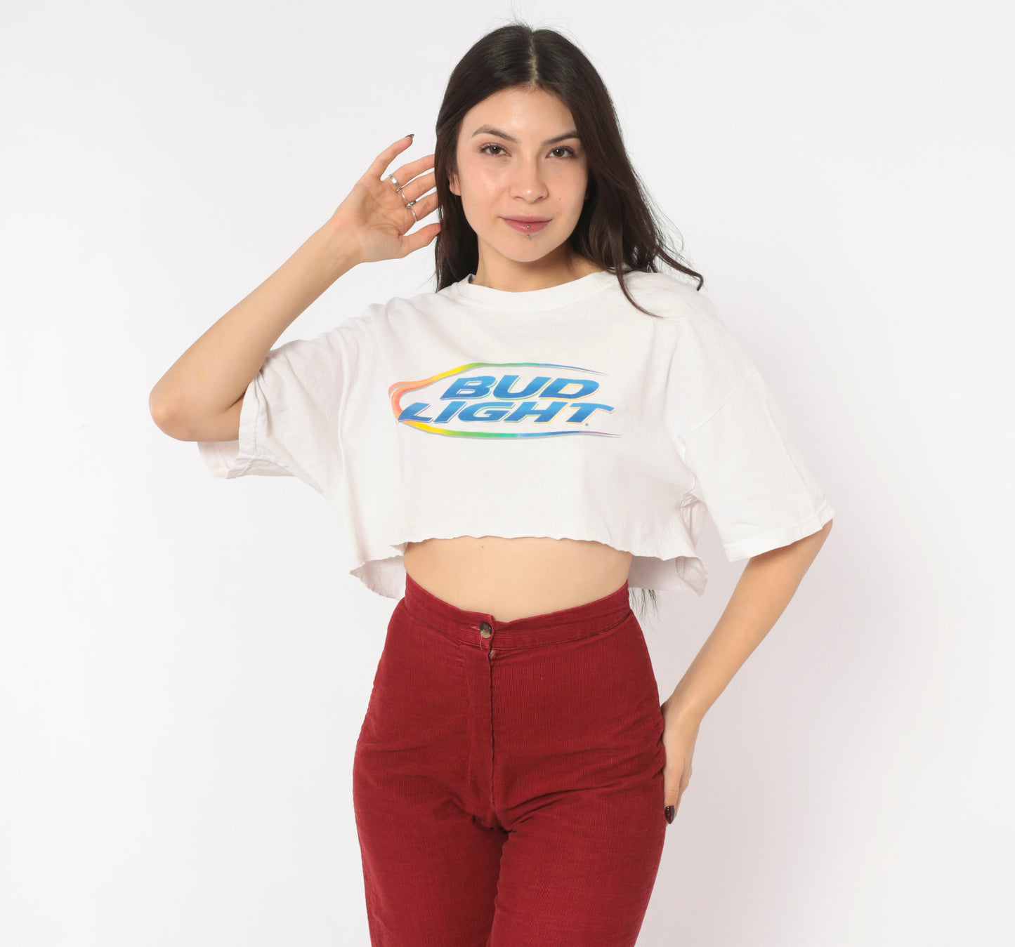 Y2K Bud Light Crop Top White Cotton Tee Rainbow Logo Graphic Cropped T Shirt Short Sleeve Crew Neck Boxy Raw Hem Northalsted Beer Pride Gildan Womens Vintage Small S