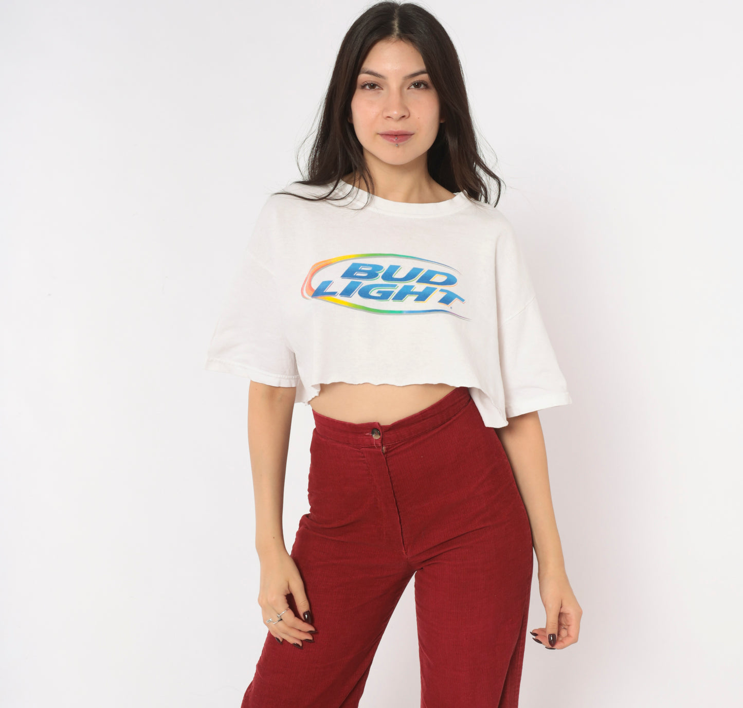 Y2K Bud Light Crop Top White Cotton Tee Rainbow Logo Graphic Cropped T Shirt Short Sleeve Crew Neck Boxy Raw Hem Northalsted Beer Pride Gildan Womens Vintage Small S