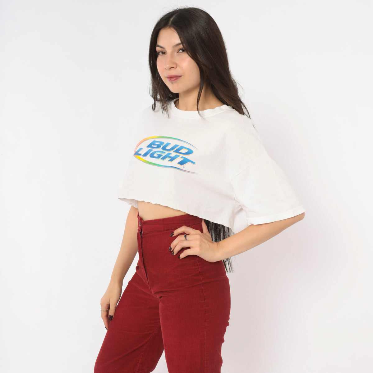 Y2K Bud Light Crop Top White Cotton Tee Rainbow Logo Graphic Cropped T Shirt Short Sleeve Crew Neck Boxy Raw Hem Northalsted Beer Pride Gildan Womens Vintage Small S