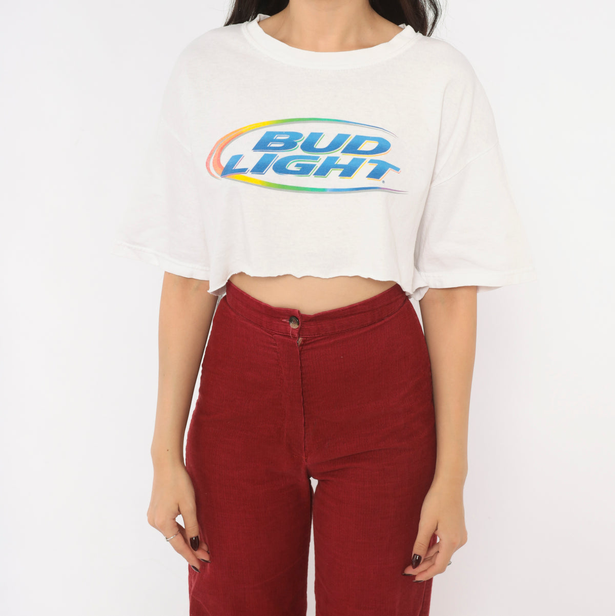 Y2K Bud Light Crop Top White Cotton Tee Rainbow Logo Graphic Cropped T Shirt Short Sleeve Crew Neck Boxy Raw Hem Northalsted Beer Pride Gildan Womens Vintage Small S