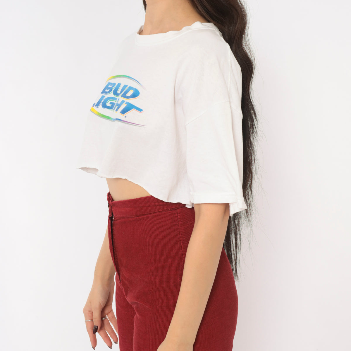 Y2K Bud Light Crop Top White Cotton Tee Rainbow Logo Graphic Cropped T Shirt Short Sleeve Crew Neck Boxy Raw Hem Northalsted Beer Pride Gildan Womens Vintage Small S