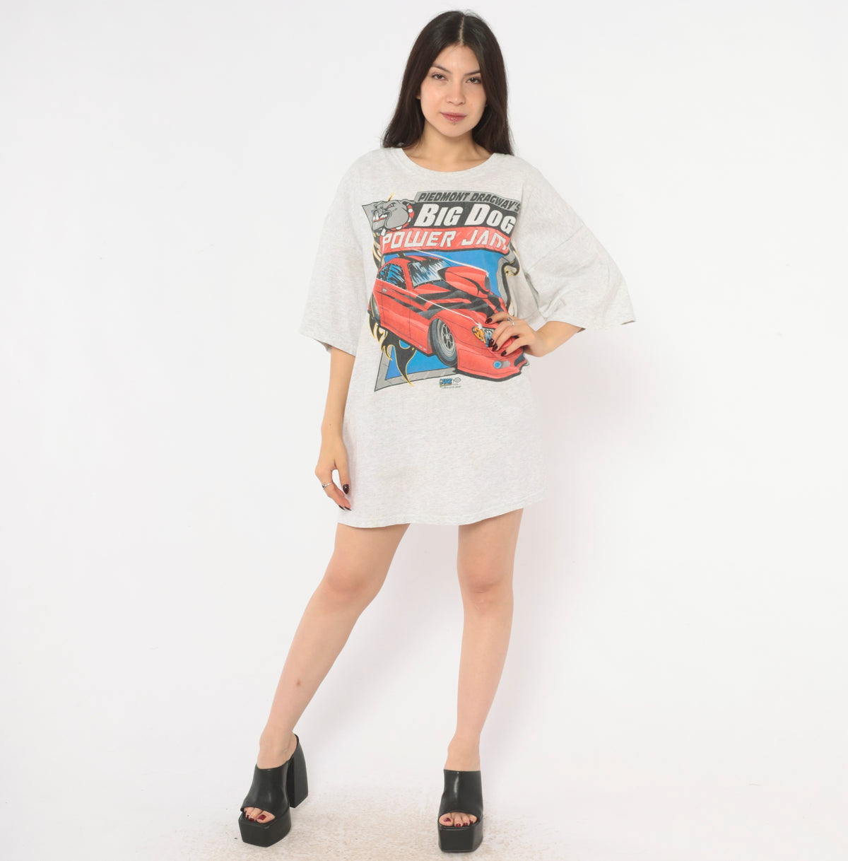 Y2K Drag Racing Tee Grey Big Dog Power Jam Piedmont Dragway Bulldog Graphic Red Race Car Print Crew Neck Short Sleeve Boxy Cotton T Shirt Motorsport Plus Size 2X
