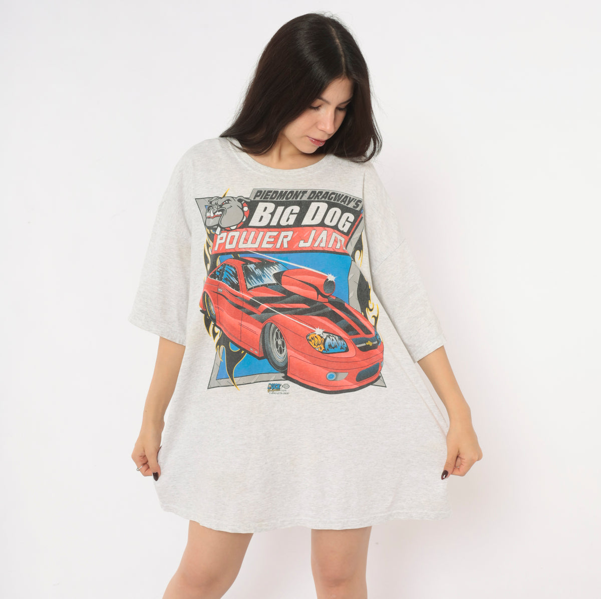 Y2K Drag Racing Tee Grey Big Dog Power Jam Piedmont Dragway Bulldog Graphic Red Race Car Print Crew Neck Short Sleeve Boxy Cotton T Shirt Motorsport Plus Size 2X