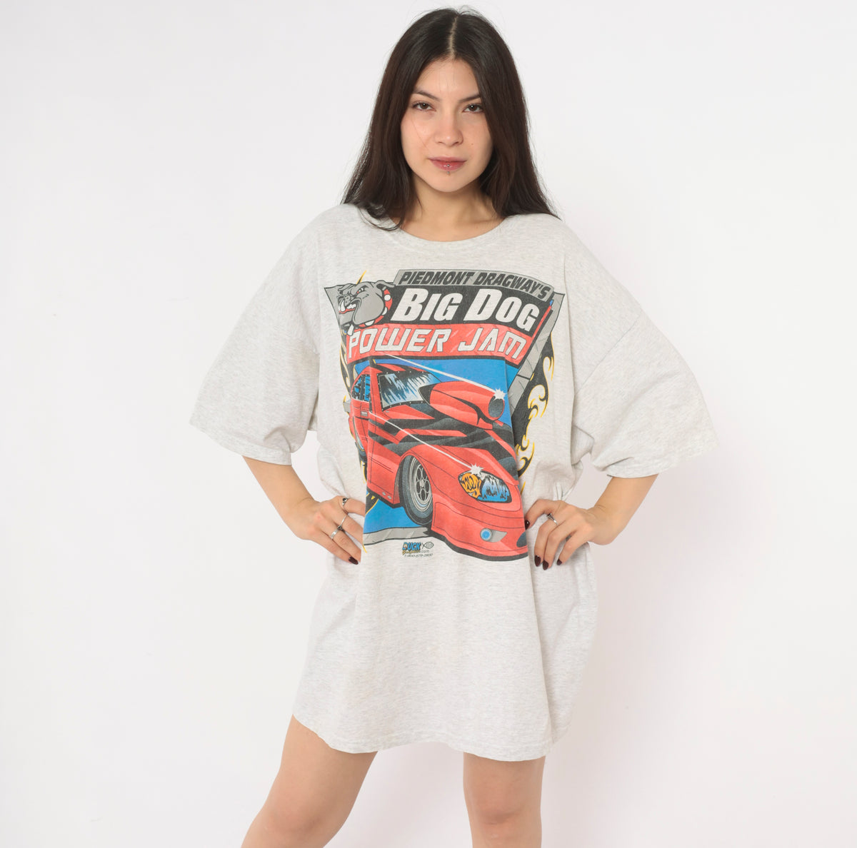 Y2K Drag Racing Tee Grey Big Dog Power Jam Piedmont Dragway Bulldog Graphic Red Race Car Print Crew Neck Short Sleeve Boxy Cotton T Shirt Motorsport Plus Size 2X