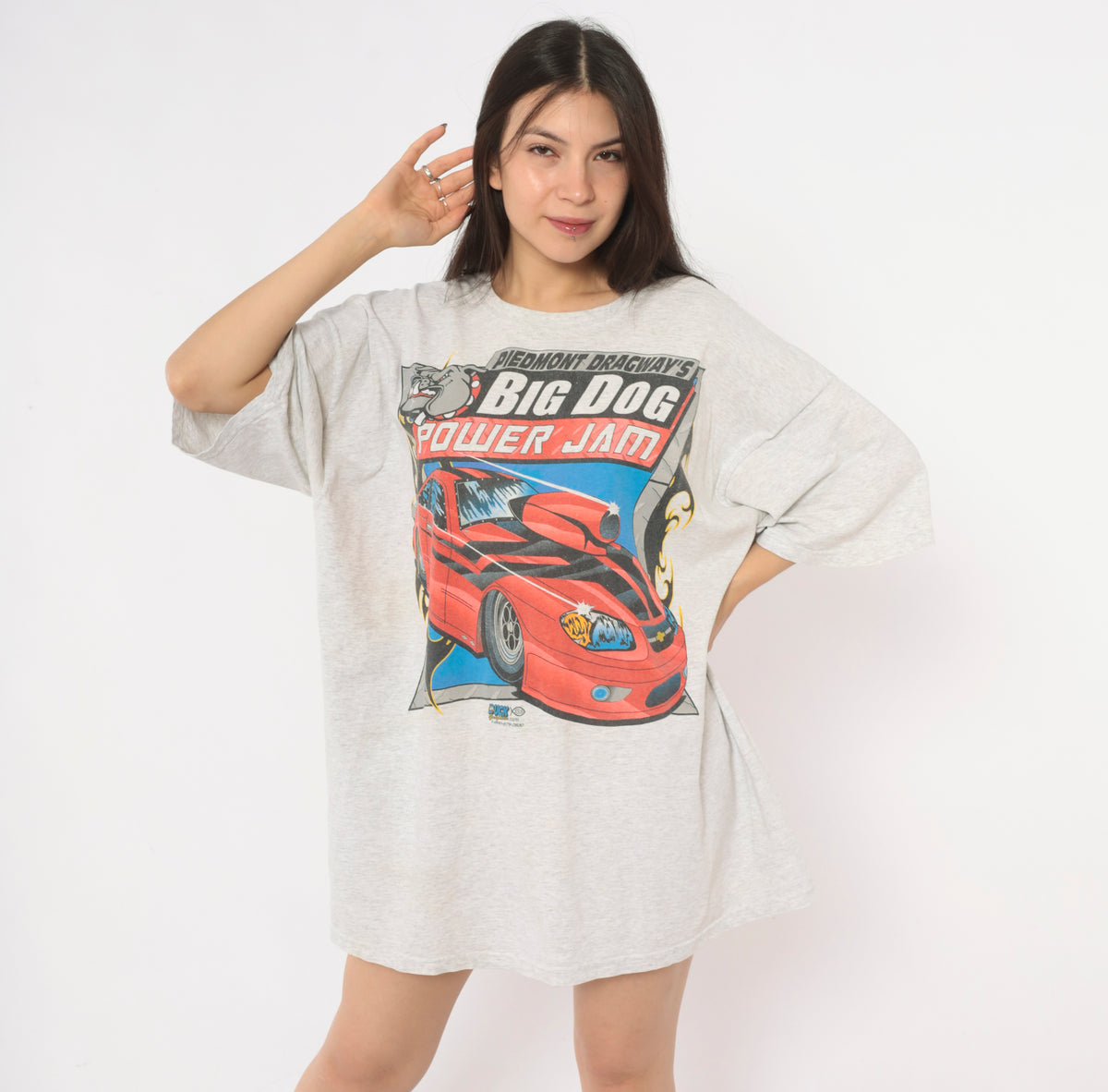 Y2K Drag Racing Tee Grey Big Dog Power Jam Piedmont Dragway Bulldog Graphic Red Race Car Print Crew Neck Short Sleeve Boxy Cotton T Shirt Motorsport Plus Size 2X
