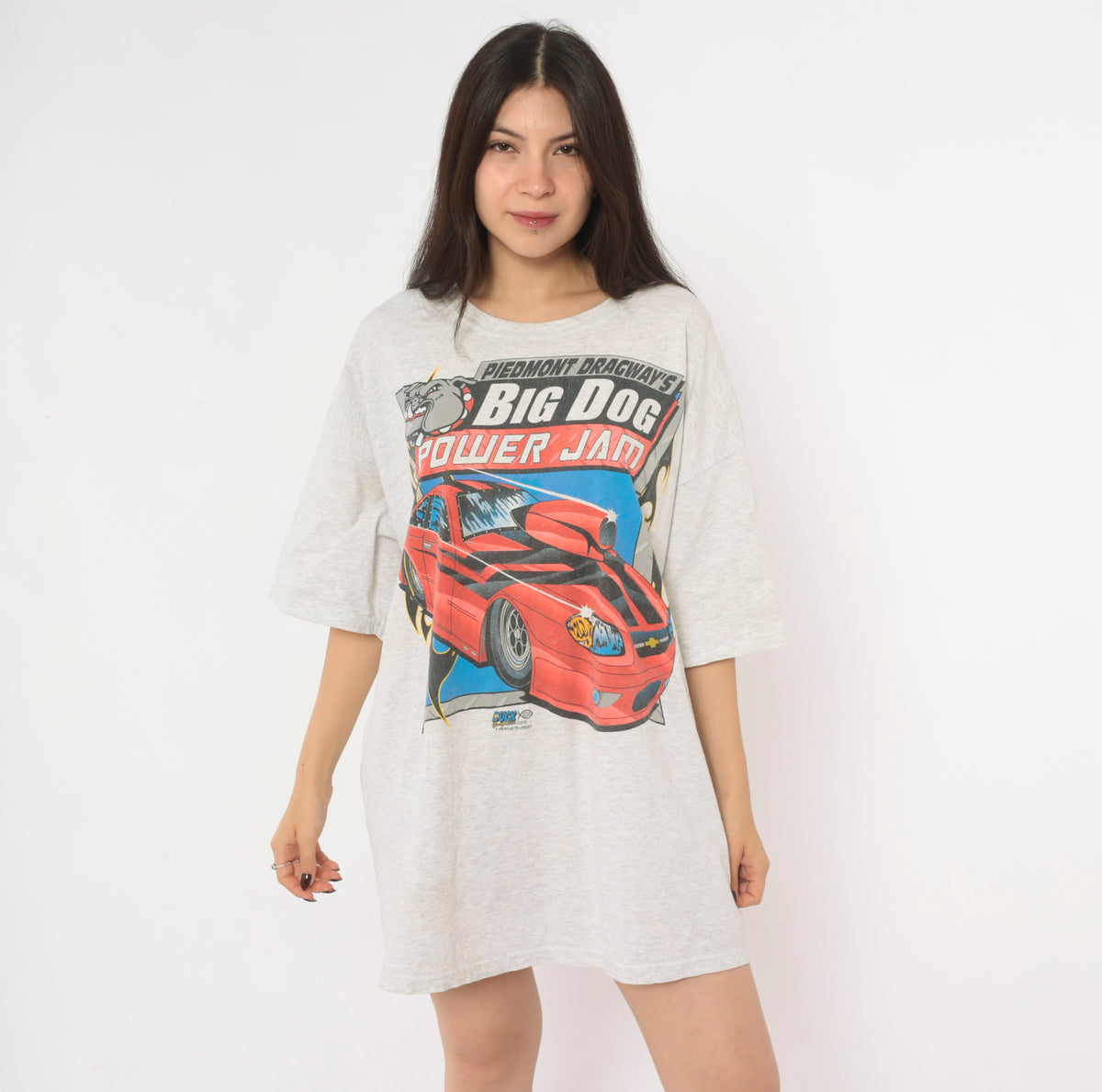 Y2K Drag Racing Tee Grey Big Dog Power Jam Piedmont Dragway Bulldog Graphic Red Race Car Print Crew Neck Short Sleeve Boxy Cotton T Shirt Motorsport Plus Size 2X