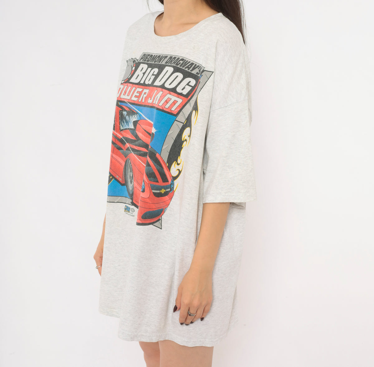 Y2K Drag Racing Tee Grey Big Dog Power Jam Piedmont Dragway Bulldog Graphic Red Race Car Print Crew Neck Short Sleeve Boxy Cotton T Shirt Motorsport Plus Size 2X