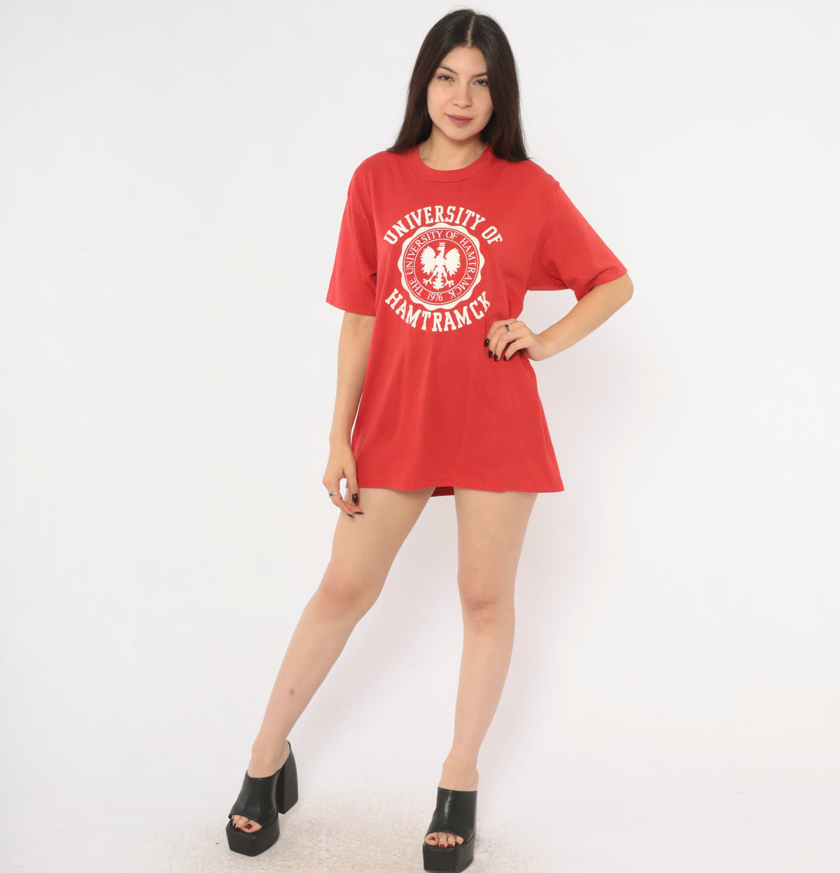 University Of Hamtramck 80s Graphic Tee Red Cotton Collegiate Crew Neck Short Sleeve Eagle Crest Print Boxy White Detroit Michigan Polish College Top Vintage Large L