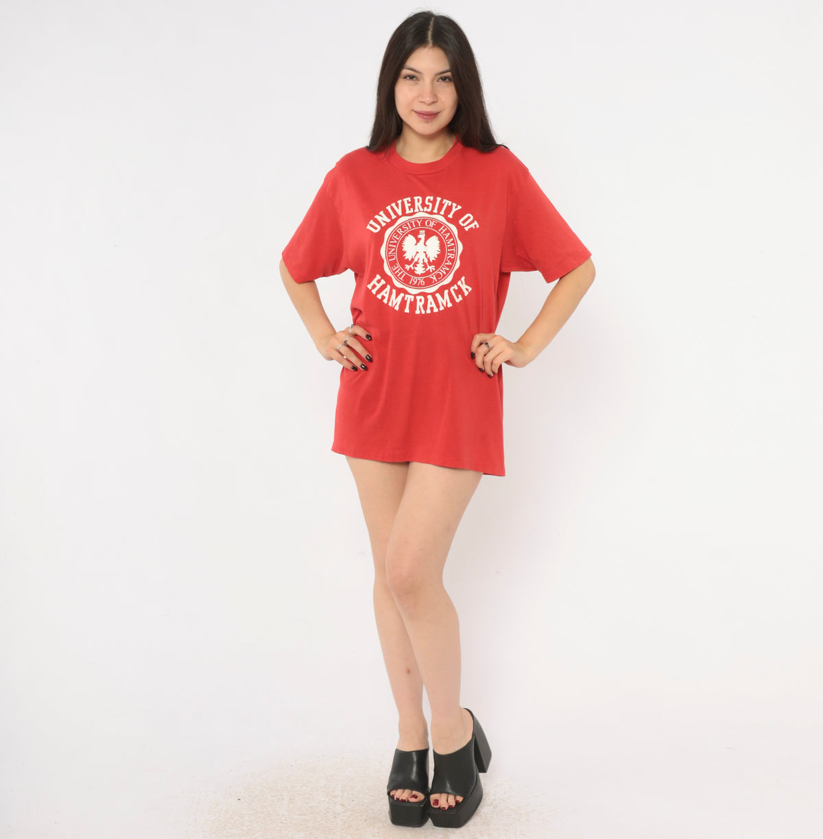 University Of Hamtramck 80s Graphic Tee Red Cotton Collegiate Crew Neck Short Sleeve Eagle Crest Print Boxy White Detroit Michigan Polish College Top Vintage Large L
