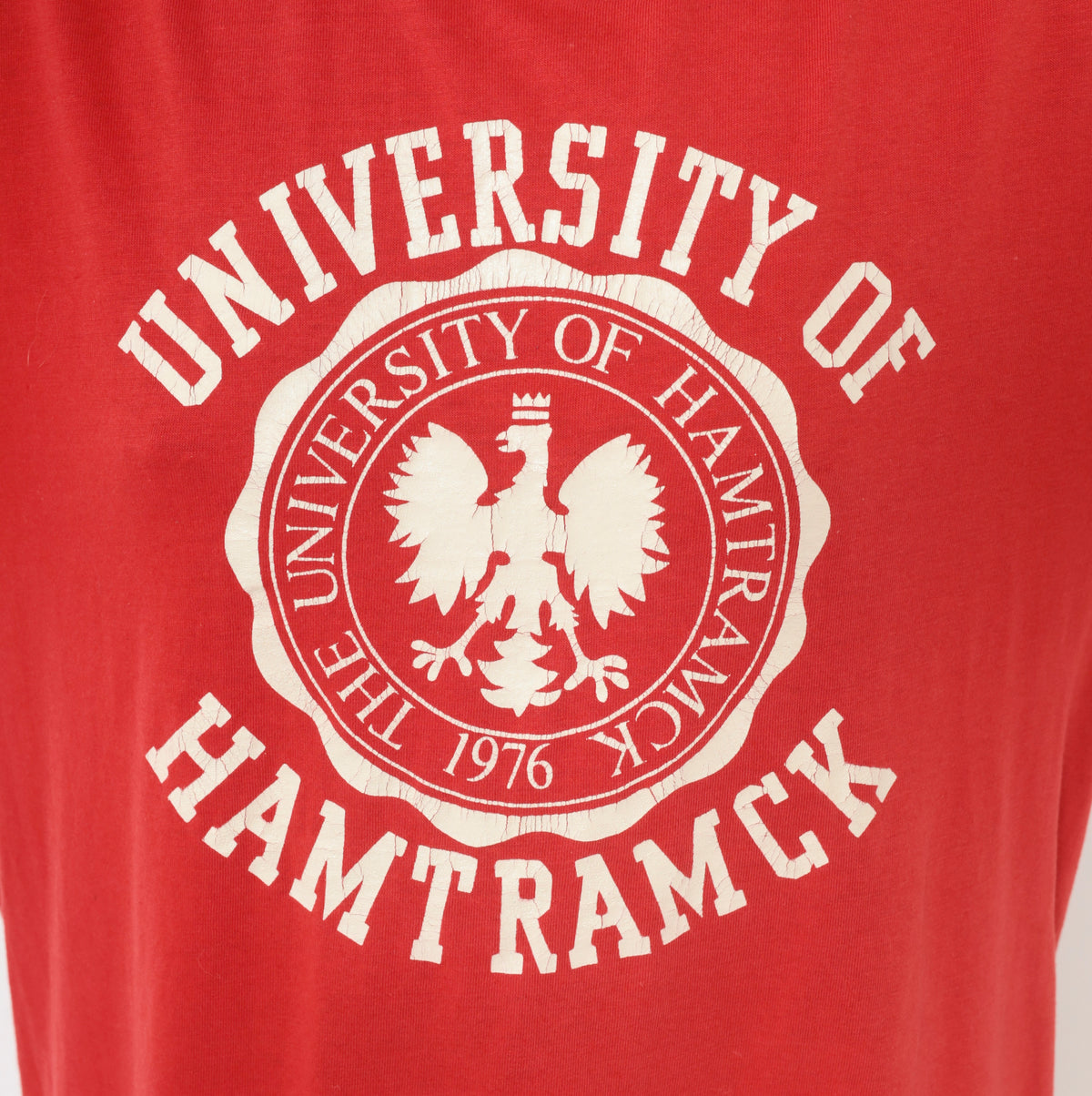 University Of Hamtramck 80s Graphic Tee Red Cotton Collegiate Crew Neck Short Sleeve Eagle Crest Print Boxy White Detroit Michigan Polish College Top Vintage Large L