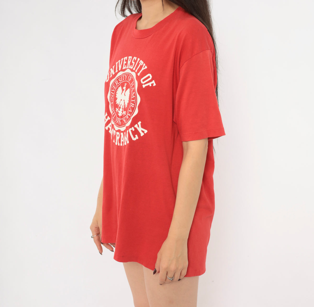 University Of Hamtramck 80s Graphic Tee Red Cotton Collegiate Crew Neck Short Sleeve Eagle Crest Print Boxy White Detroit Michigan Polish College Top Vintage Large L