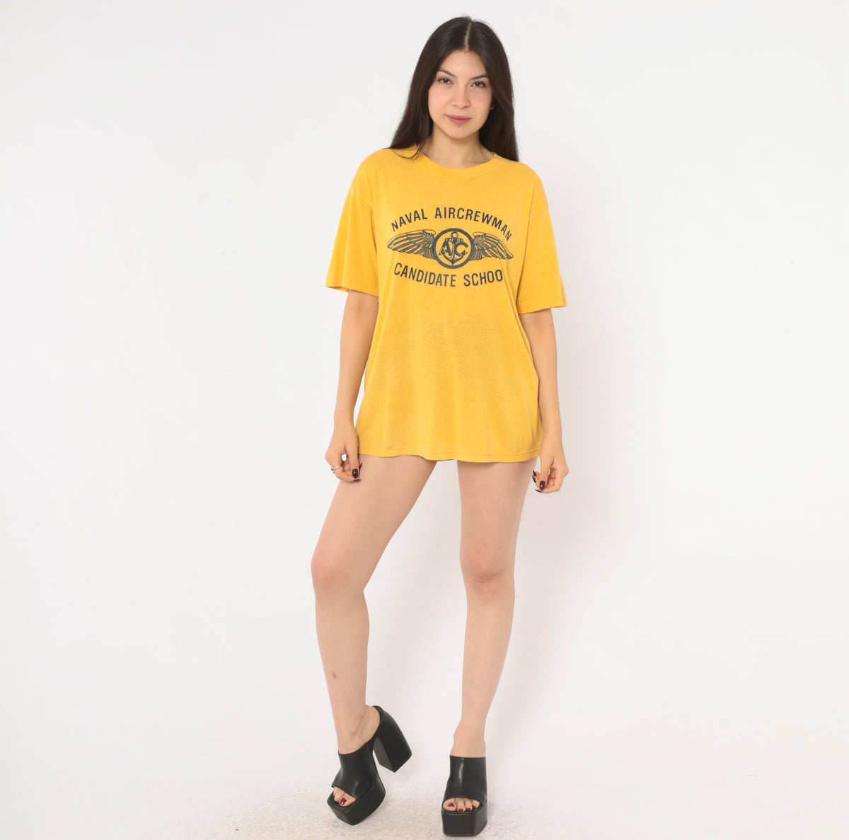 80s Naval Aircrewman Graphic Tee Yellow Gold Mustard Navy Military Wings Print Short Sleeve Crew Neck T Shirt Soffe Shirts Aviation Anchor Boxy Cotton Top Medium M
