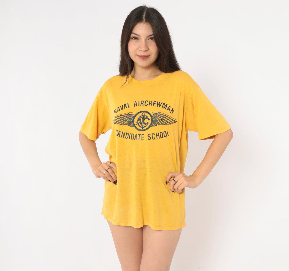 80s Naval Aircrewman Graphic Tee Yellow Gold Mustard Navy Military Wings Print Short Sleeve Crew Neck T Shirt Soffe Shirts Aviation Anchor Boxy Cotton Top Medium M