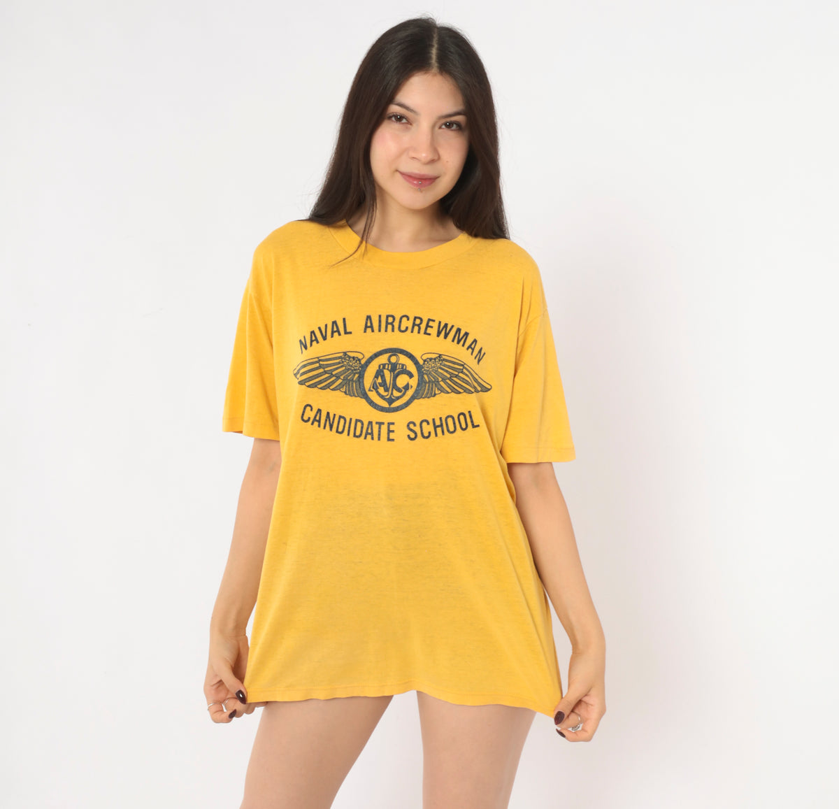 80s Naval Aircrewman Graphic Tee Yellow Gold Mustard Navy Military Wings Print Short Sleeve Crew Neck T Shirt Soffe Shirts Aviation Anchor Boxy Cotton Top Medium M
