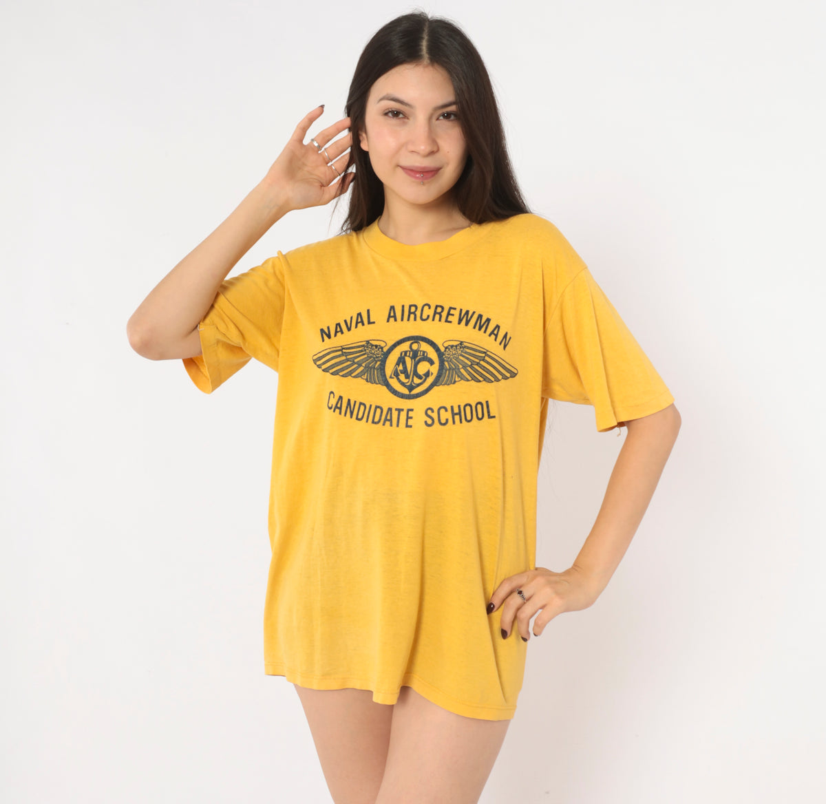 80s Naval Aircrewman Graphic Tee Yellow Gold Mustard Navy Military Wings Print Short Sleeve Crew Neck T Shirt Soffe Shirts Aviation Anchor Boxy Cotton Top Medium M