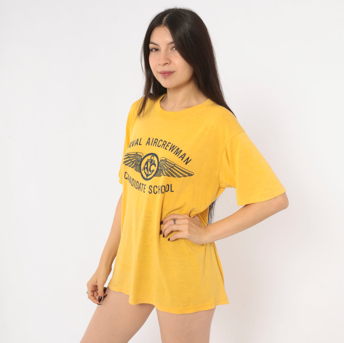 80s Naval Aircrewman Graphic Tee Yellow Gold Mustard Navy Military Wings Print Short Sleeve Crew Neck T Shirt Soffe Shirts Aviation Anchor Boxy Cotton Top Medium M