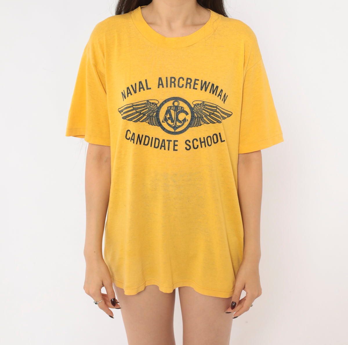 80s Naval Aircrewman Graphic Tee Yellow Gold Mustard Navy Military Wings Print Short Sleeve Crew Neck T Shirt Soffe Shirts Aviation Anchor Boxy Cotton Top Medium M