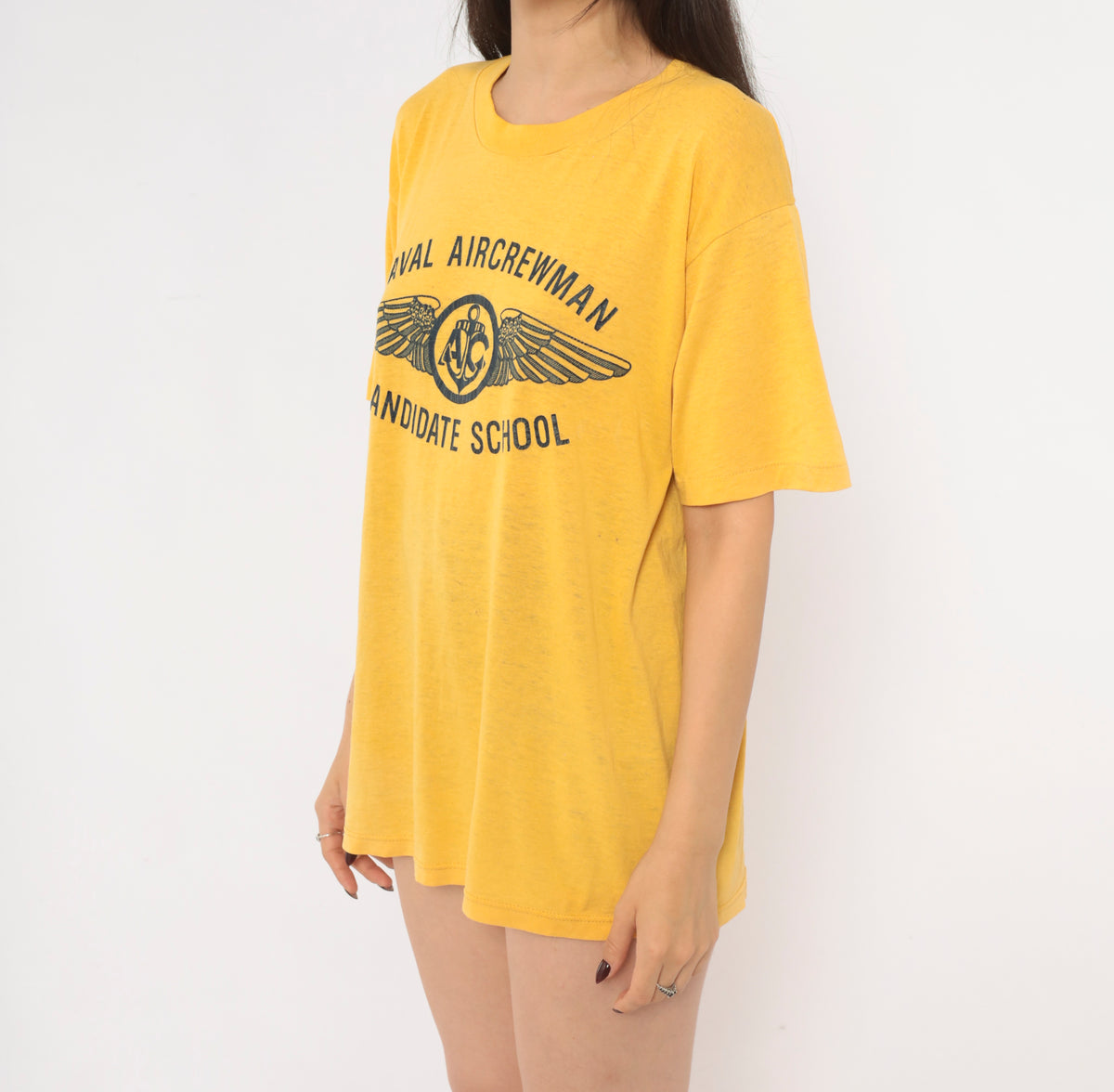 80s Naval Aircrewman Graphic Tee Yellow Gold Mustard Navy Military Wings Print Short Sleeve Crew Neck T Shirt Soffe Shirts Aviation Anchor Boxy Cotton Top Medium M